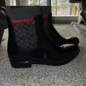 Coach Black Patent Chelsea Rain Boots with Signature Sock Panel